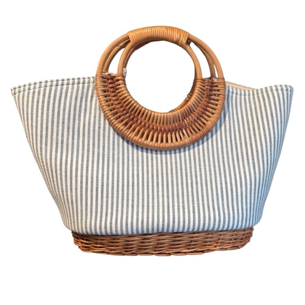 Straw Studios Blue White Striped Woven Rattan Handle Tote Bag New Zipper Summer